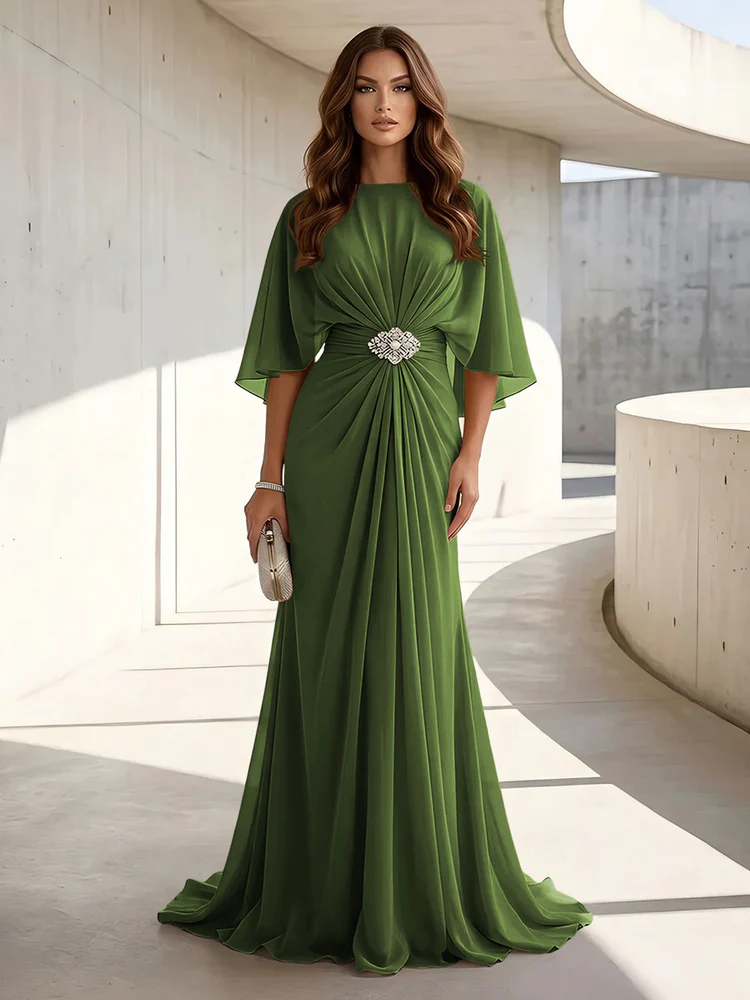 Chiffon A Line Scoop Neck Ruched High Waist Formal Dresses