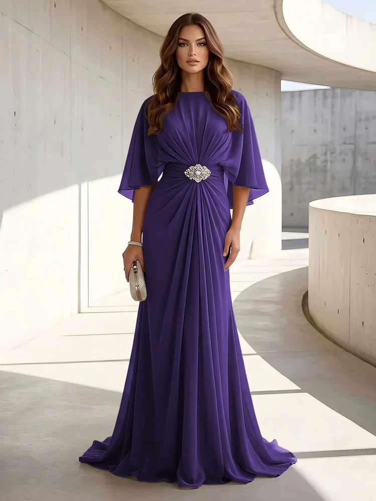 Chiffon A Line Scoop Neck Ruched High Waist Formal Dresses