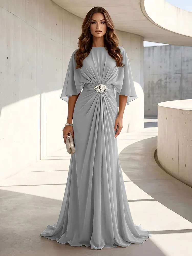 Chiffon A Line Scoop Neck Ruched High Waist Formal Dresses