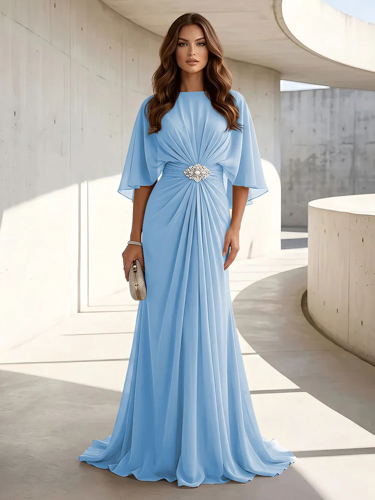 Chiffon A Line Scoop Neck Ruched High Waist Formal Dresses