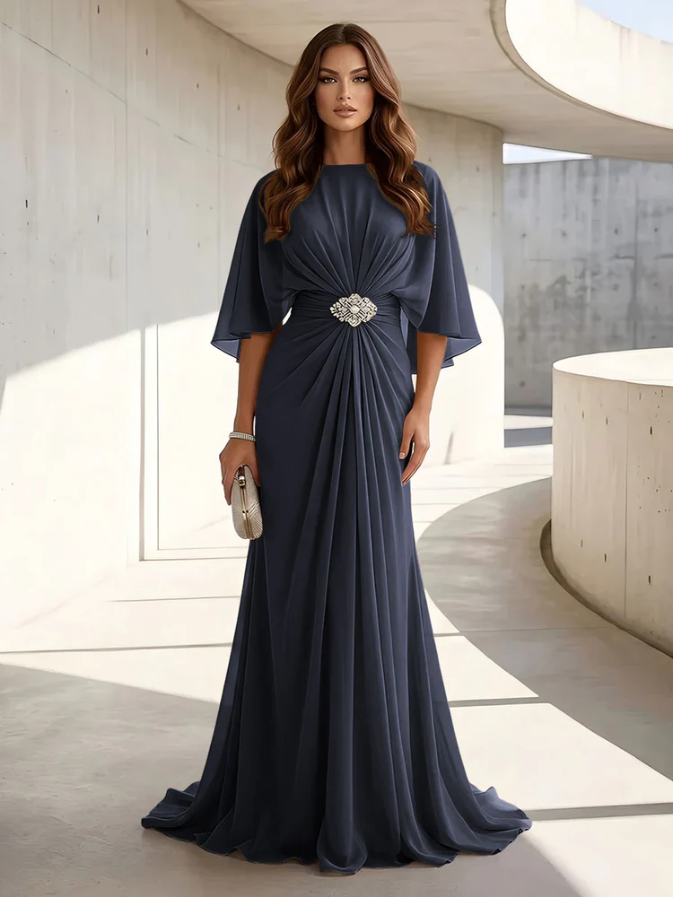 Chiffon A Line Scoop Neck Ruched High Waist Formal Dresses