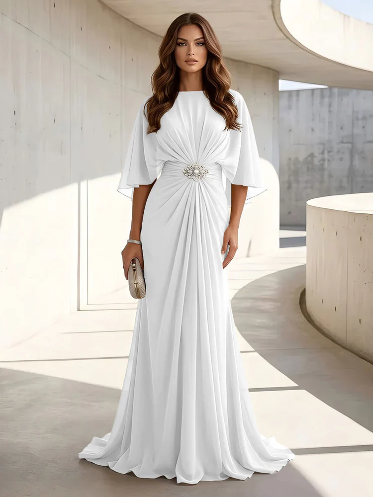 Chiffon A Line Scoop Neck Ruched High Waist Formal Dresses