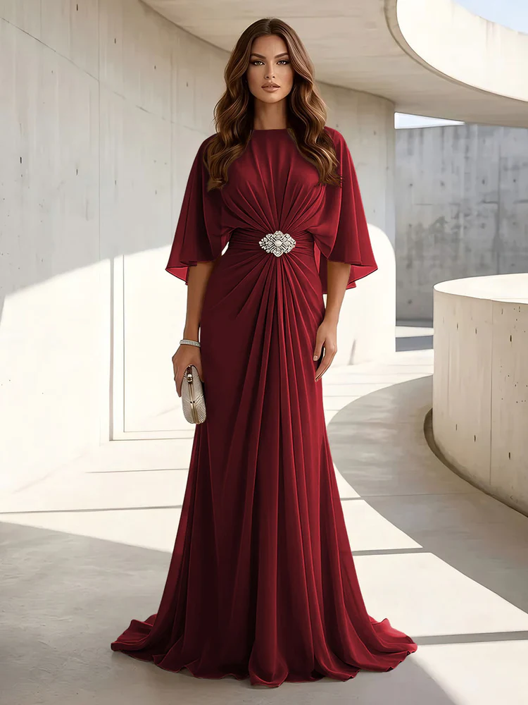 Chiffon A Line Scoop Neck Ruched High Waist Formal Dresses