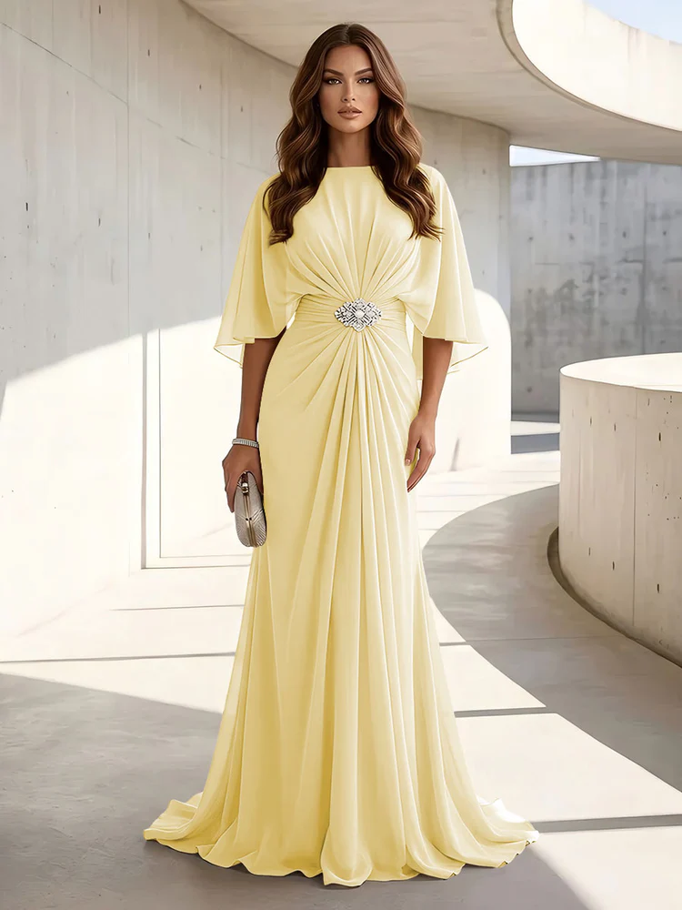Chiffon A Line Scoop Neck Ruched High Waist Formal Dresses