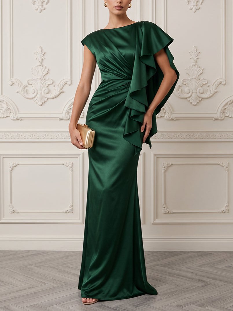 Satin Sheath Floor Length Ruffles Formal Dress