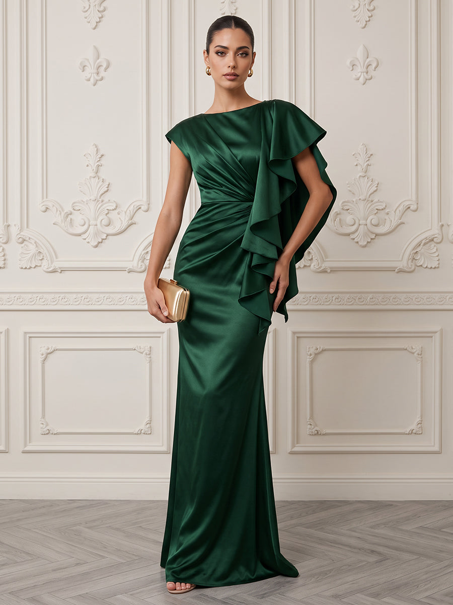 Satin Sheath Floor Length Ruffles Formal Dress
