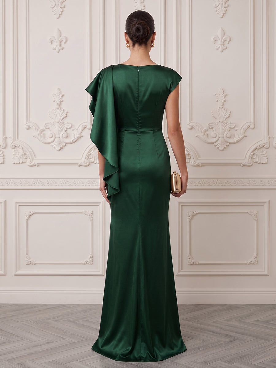 Satin Sheath Floor Length Ruffles Formal Dress
