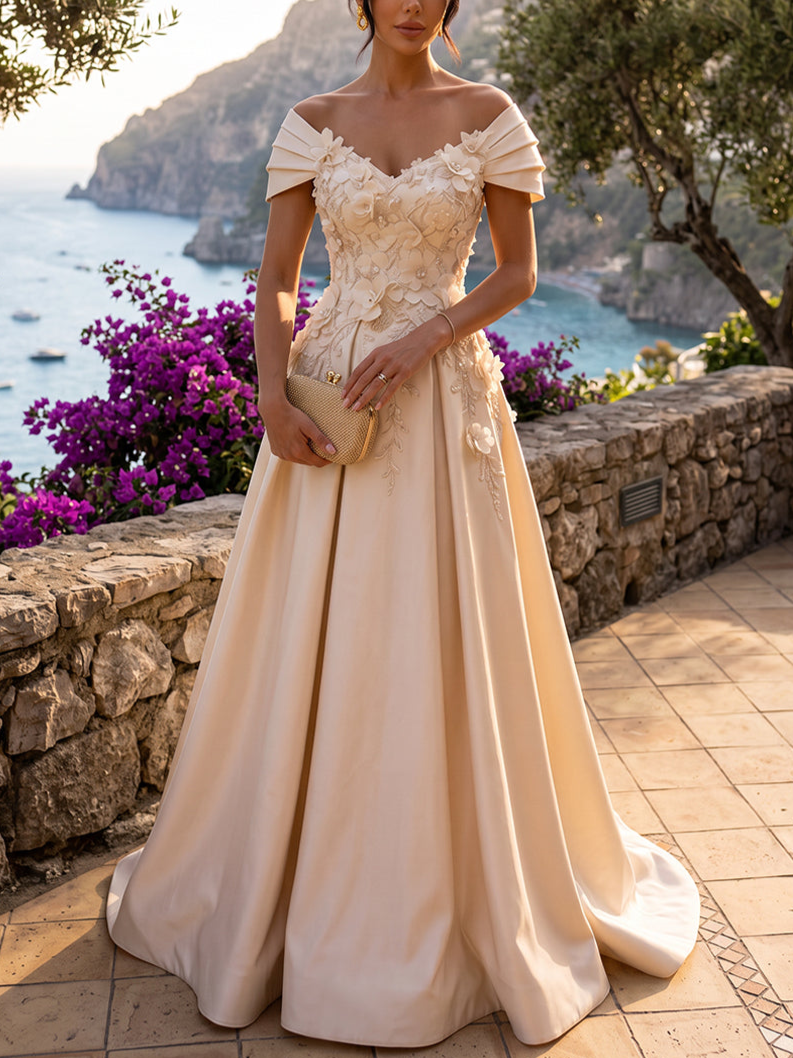 Satin A Line Off the Shoulder Floor Length Fitted Waist Formal Dress