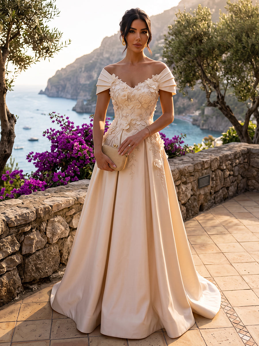 Satin A Line Off the Shoulder Floor Length Fitted Waist Formal Dress