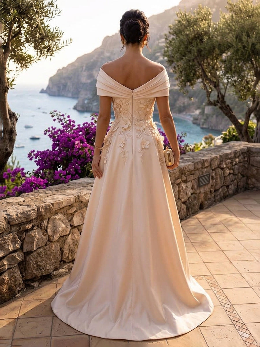 Satin A Line Off the Shoulder Floor Length Fitted Waist Formal Dress