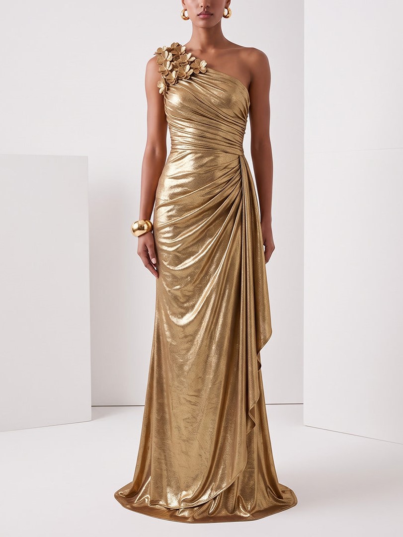 Metallic Satin Sheath One Shoulder Floor Length Ruched Evening Dresses