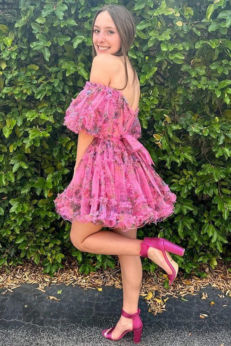 Hot Pink Off-Shoulder Floral Tulle Homecoming Dress