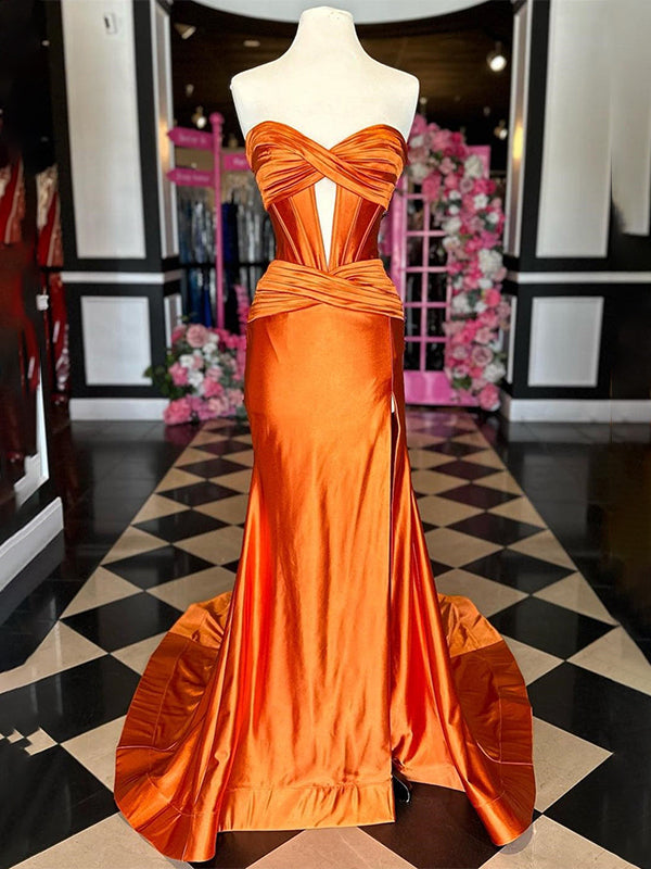 Navy Mermaid Strapless Corset Bodice Prom Dress with Slit