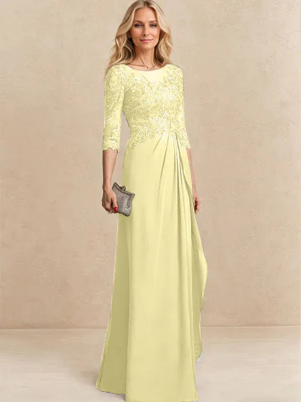 A-line Scoop Illusion Floor-Length Chiffon Lace Mother of the Bride Dress With Beading Sequins Cascading Ruffles