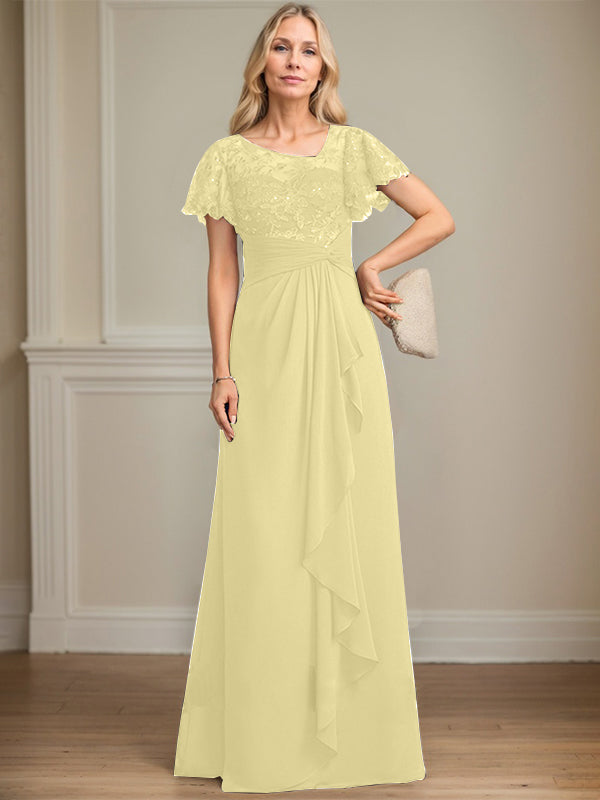 A-line Asymmetrical Illusion Floor-Length Lace Chiffon Mother of the Bride Dress With Cascading Ruffles Sequins