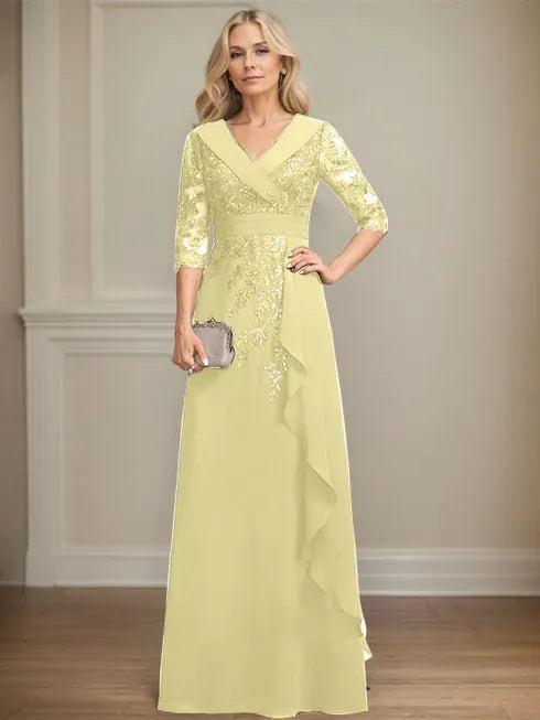 A-line Collared V-Neck Floor-Length Lace Chiffon Mother of the Bride Dress With Sequins Cascading Ruffles