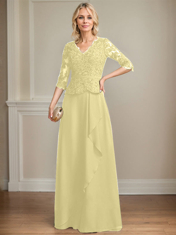 A-line V-Neck Floor-Length Lace Chiffon Mother of the Bride Dress With Cascading Ruffles Sequins