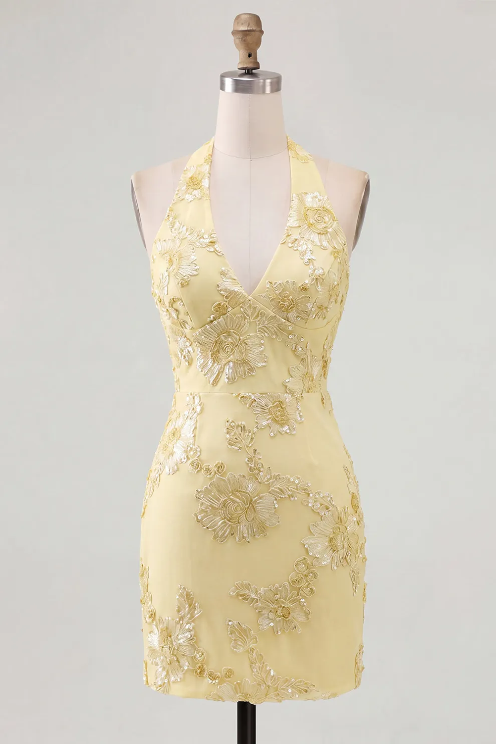 Light Blue Floral Bodycon Halter Neck Short Homecoming Dress