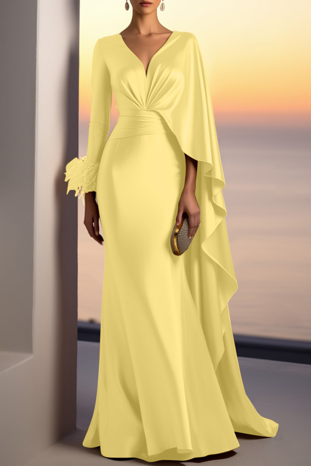 Evening Formal Gold Satin Dress V Neck Long Sleeve Cape Maxi Gown