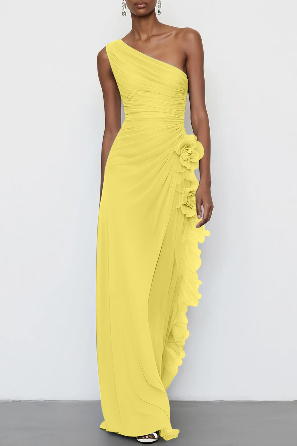 3D Floral Chiffon One Shoulder Sleeveless Sheath Maxi Dress