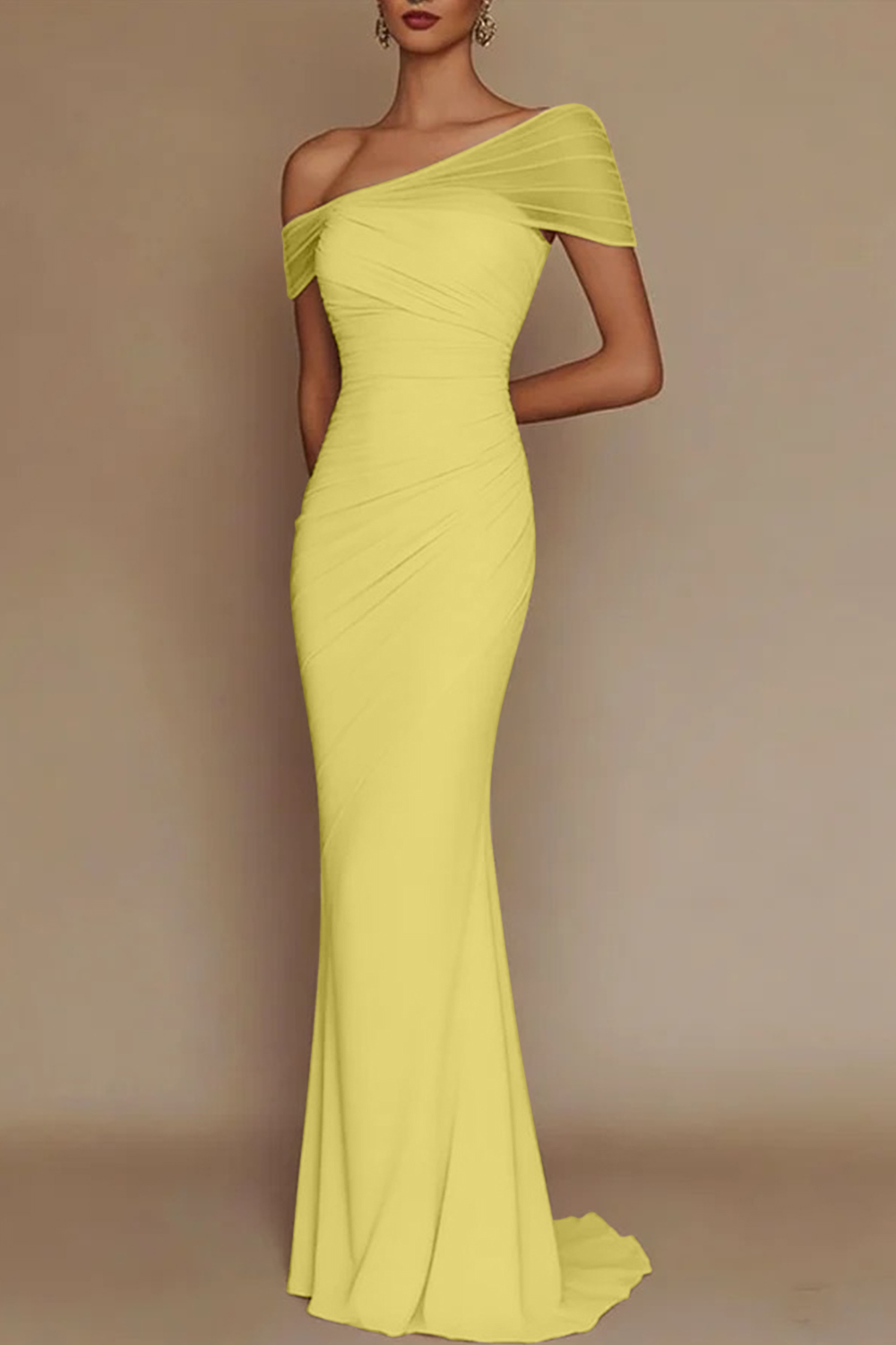 Blush Pink One-Shoulder Mesh-Patched Pleated Mermaid Maxi Dress