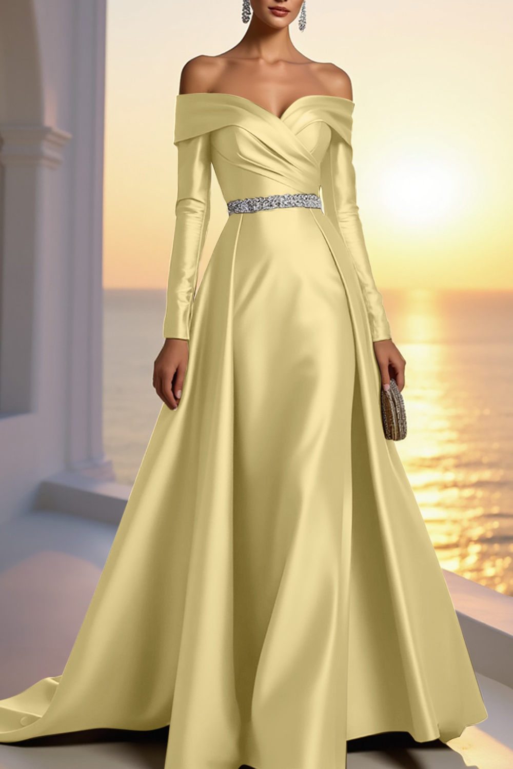 Formal Champagne Satin Dress Off The Shoulder Long Sleeve Maxi Gown