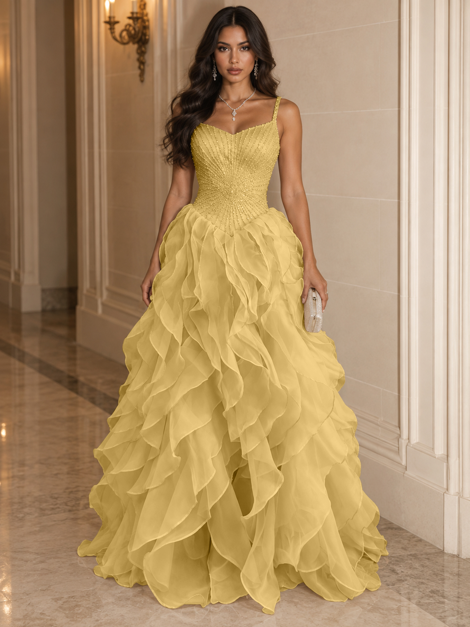 Spaghetti Straps Pleated Luxurious Maxi Evening Dresses with Beadings