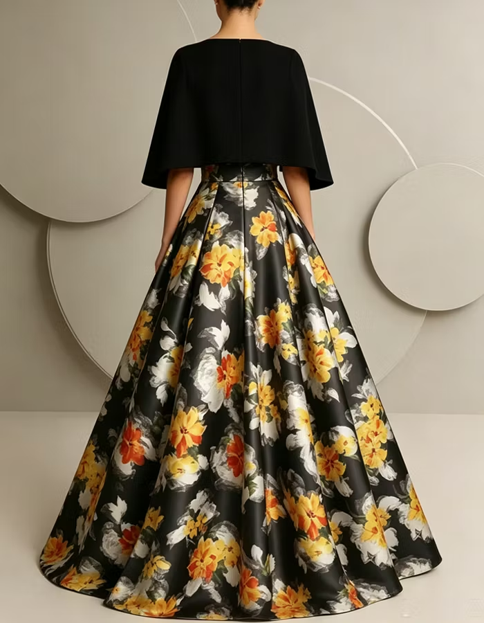Shawl-sleeved Printed Satin Maxi Dress
