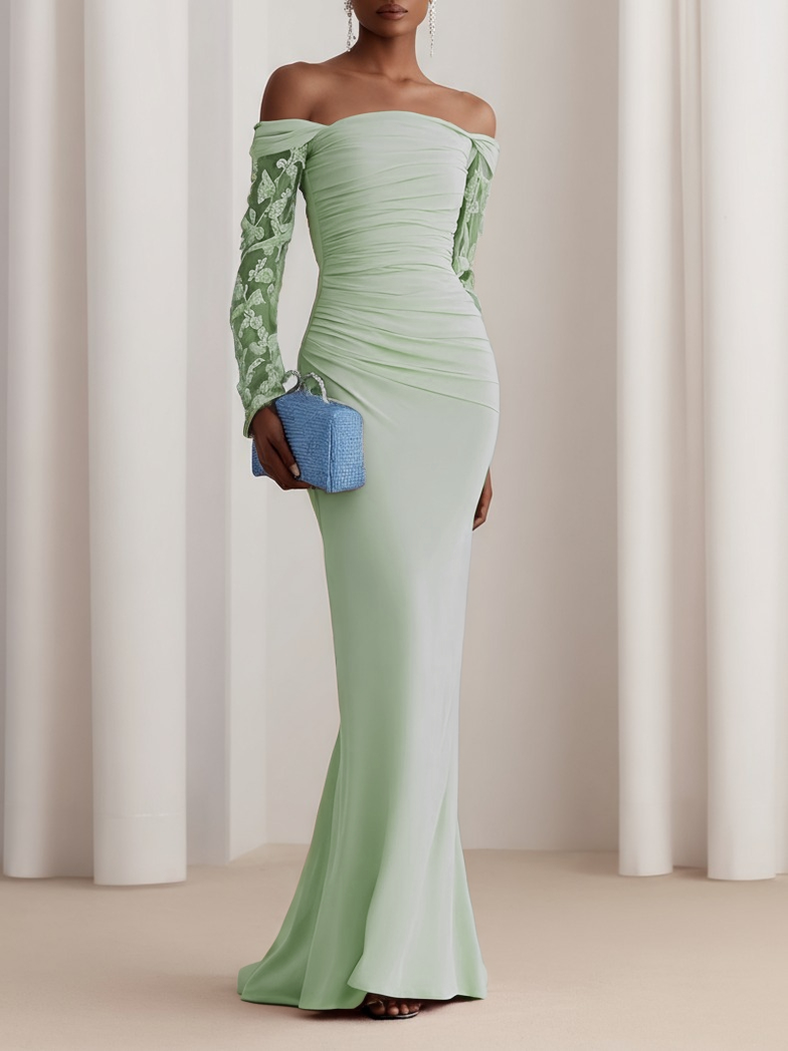 Pink Lace Classic Off The Shoulder Long Sleeve Sheath Gown Dress