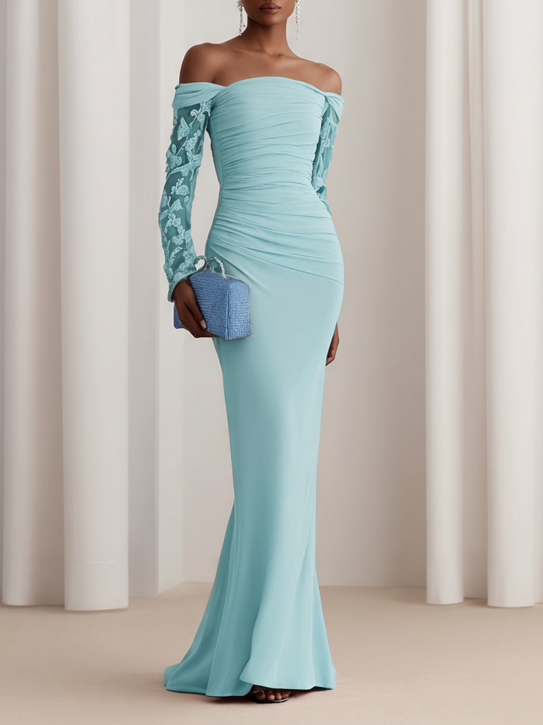 Pink Lace Classic Off The Shoulder Long Sleeve Sheath Gown Dress