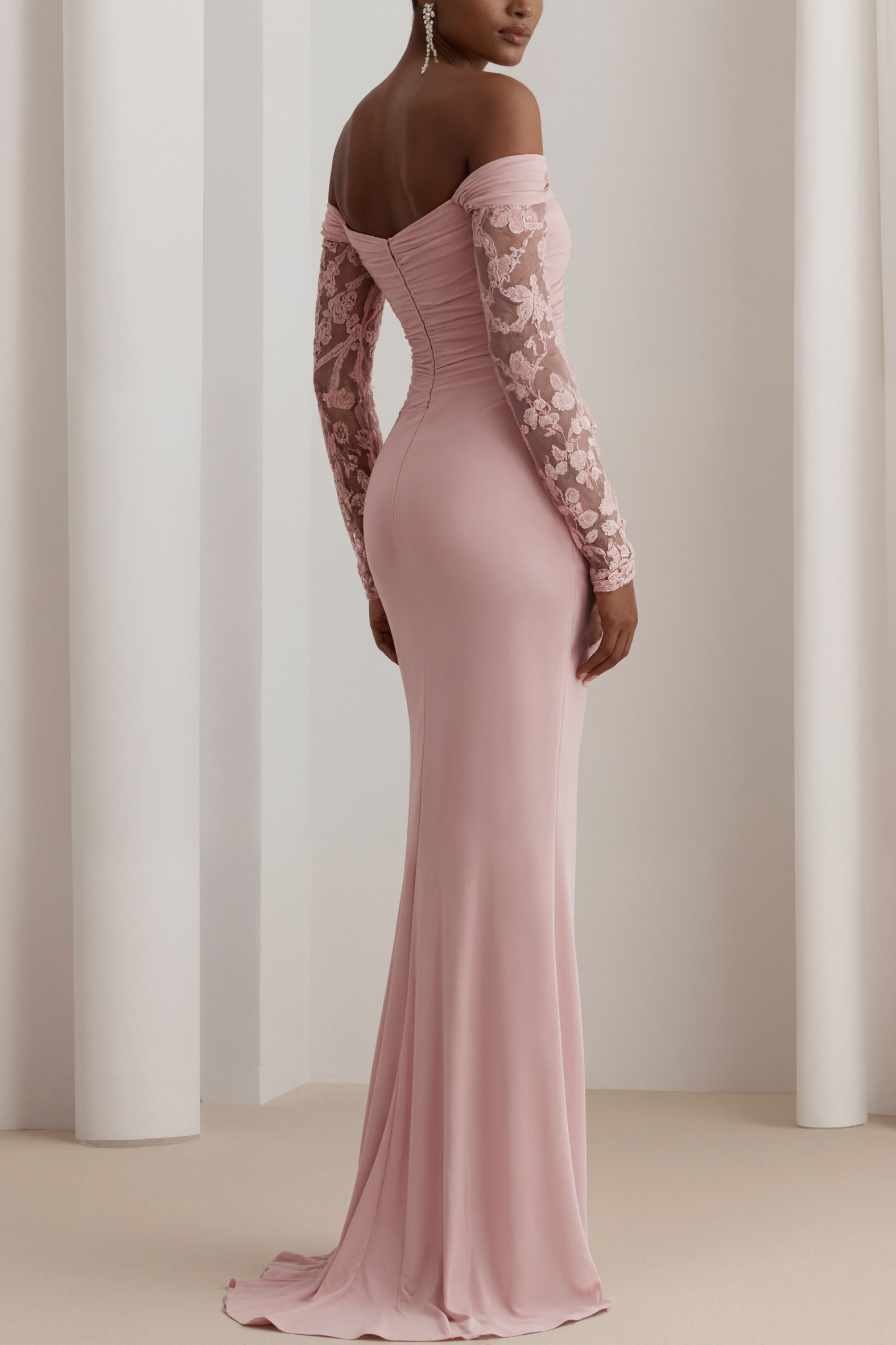 Pink Lace Classic Off The Shoulder Long Sleeve Sheath Gown Dress