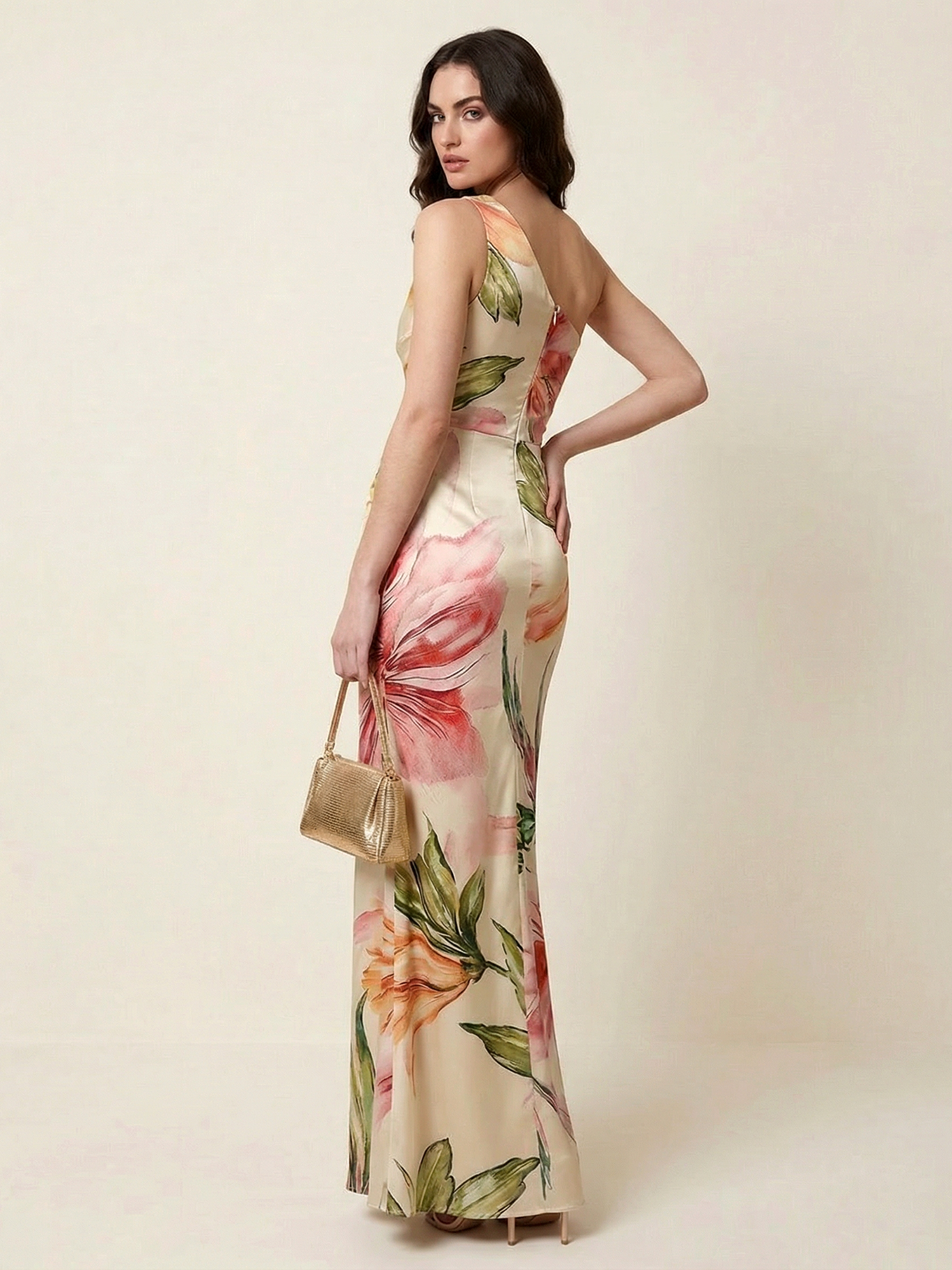 Cream Blush Floral One-Shoulder Satin Mermaid Gown