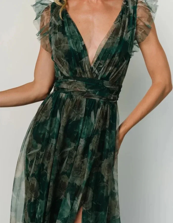 Romantic Green Tulle Gown with Ruffled Sleeves and Plunging Neckline