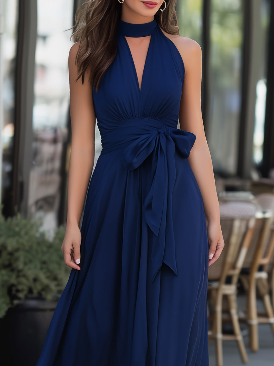 Navy Halter Neck Tie-Waist Flowing Maxi Dress