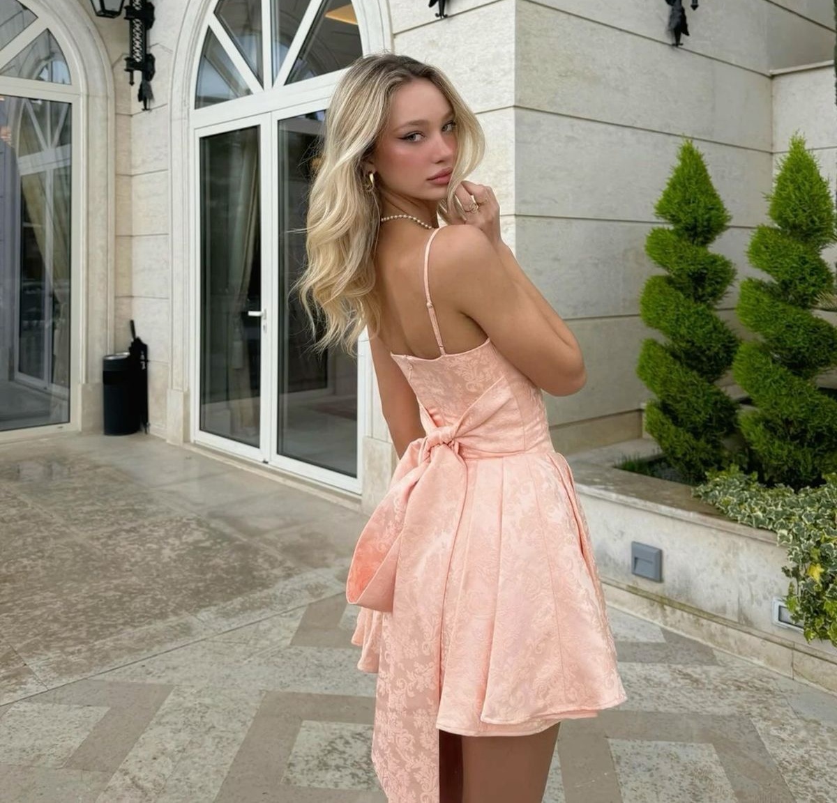 Blush Pink Jacquard Spaghetti Strap Fit-and-Flare Mini Dress