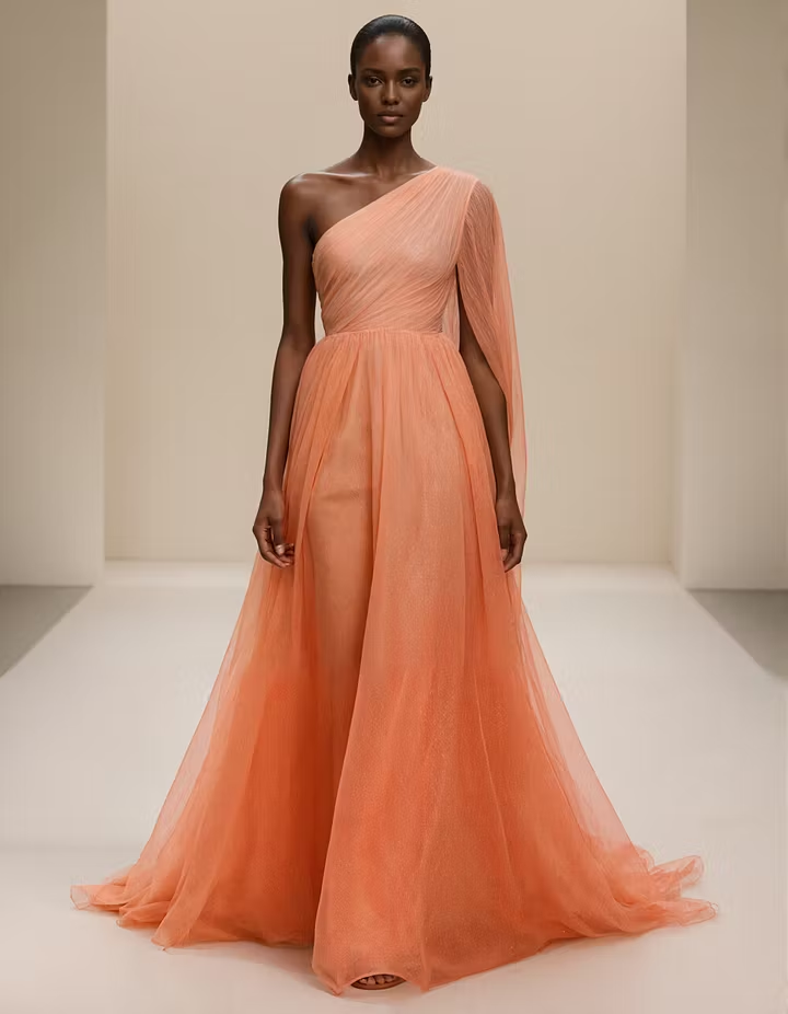 Orange One Shoulder Shawl Sleeve Chiffon Maxi Dress
