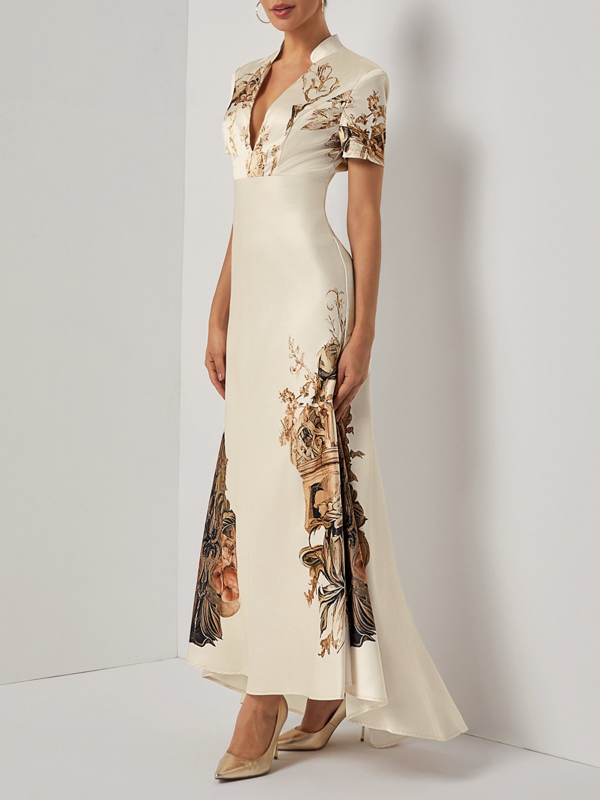 Beige Floral Satin Deep V Neck Short Sleeve Mermaid Maxi Dress