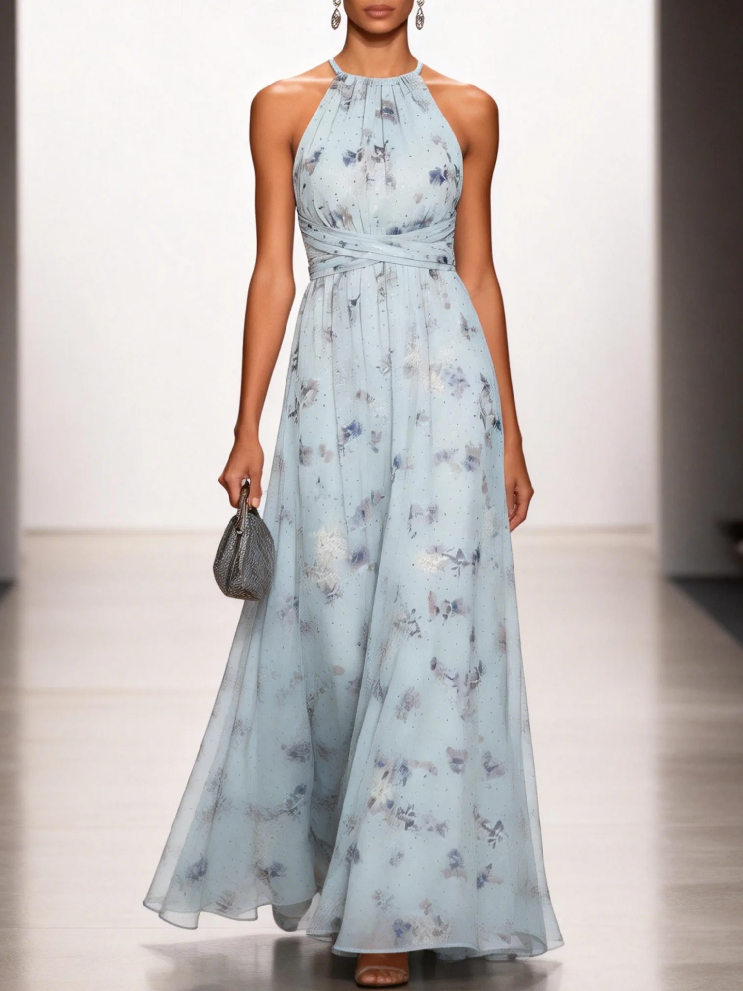 Light Blue Stamped Bronzing Jacquard Floral Chiffon Halter Sleeveless A-Line Maxi Dress