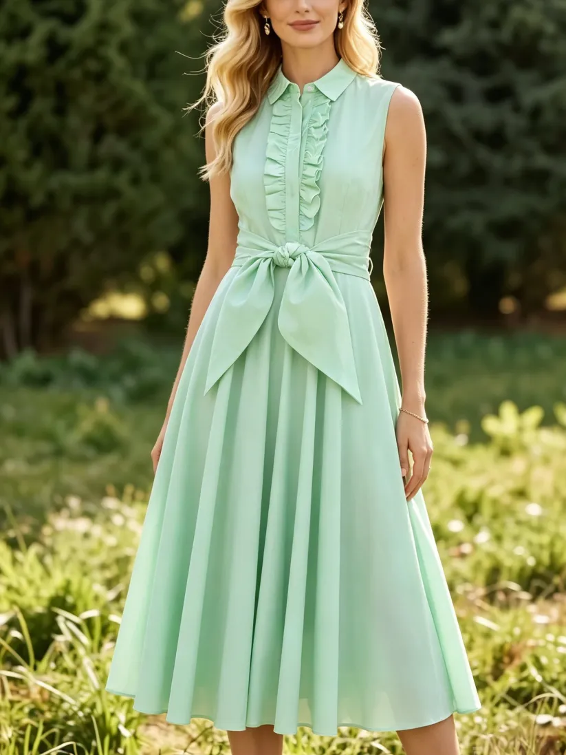 Midi Linen Dress, Sleeveless, Shawl Collar, Ruffles, French Vintage, mint