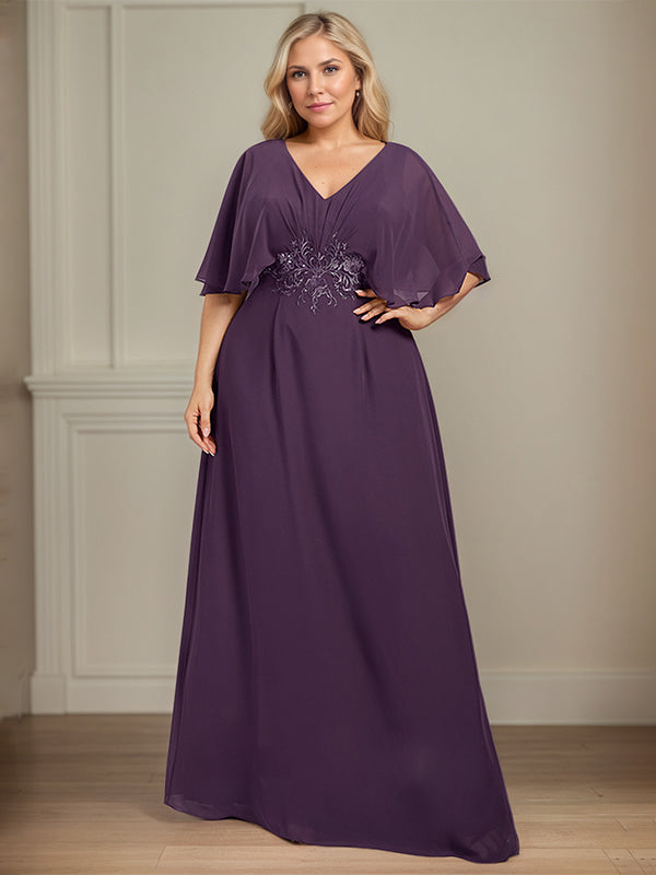 A-Line V-Neck Floor-Length Chiffon Mother of the Bride Dress With Appliques Pleated
