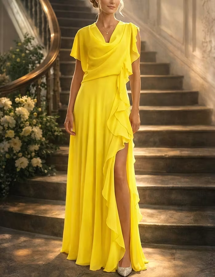 Cowl Neck Side Ruffle High Slit Chiffon Maxi Dress