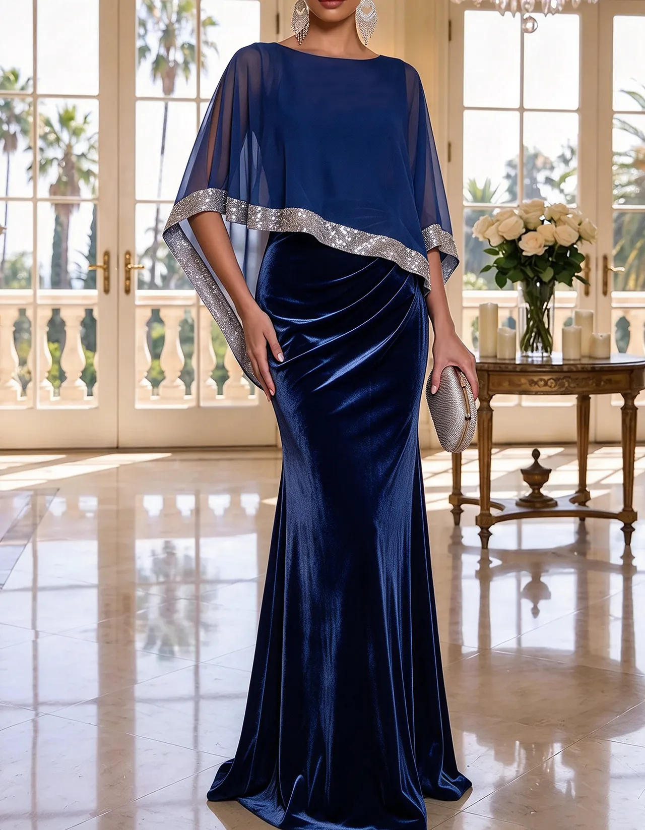 Grey Sequin Trim Chiffon Cape Velvet Mermaid Maxi Dress