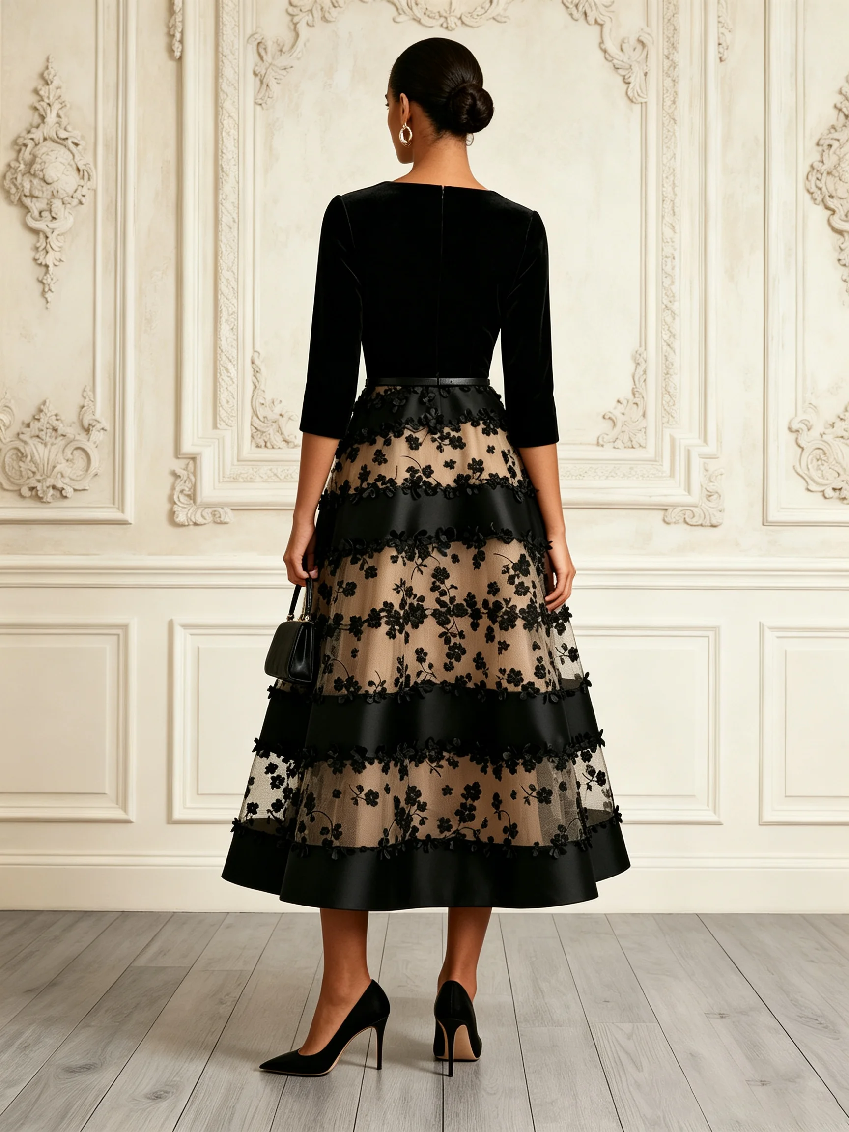 Black Flocked Ruched Velvet Notched Half Sleeve A-Line Midi Dress