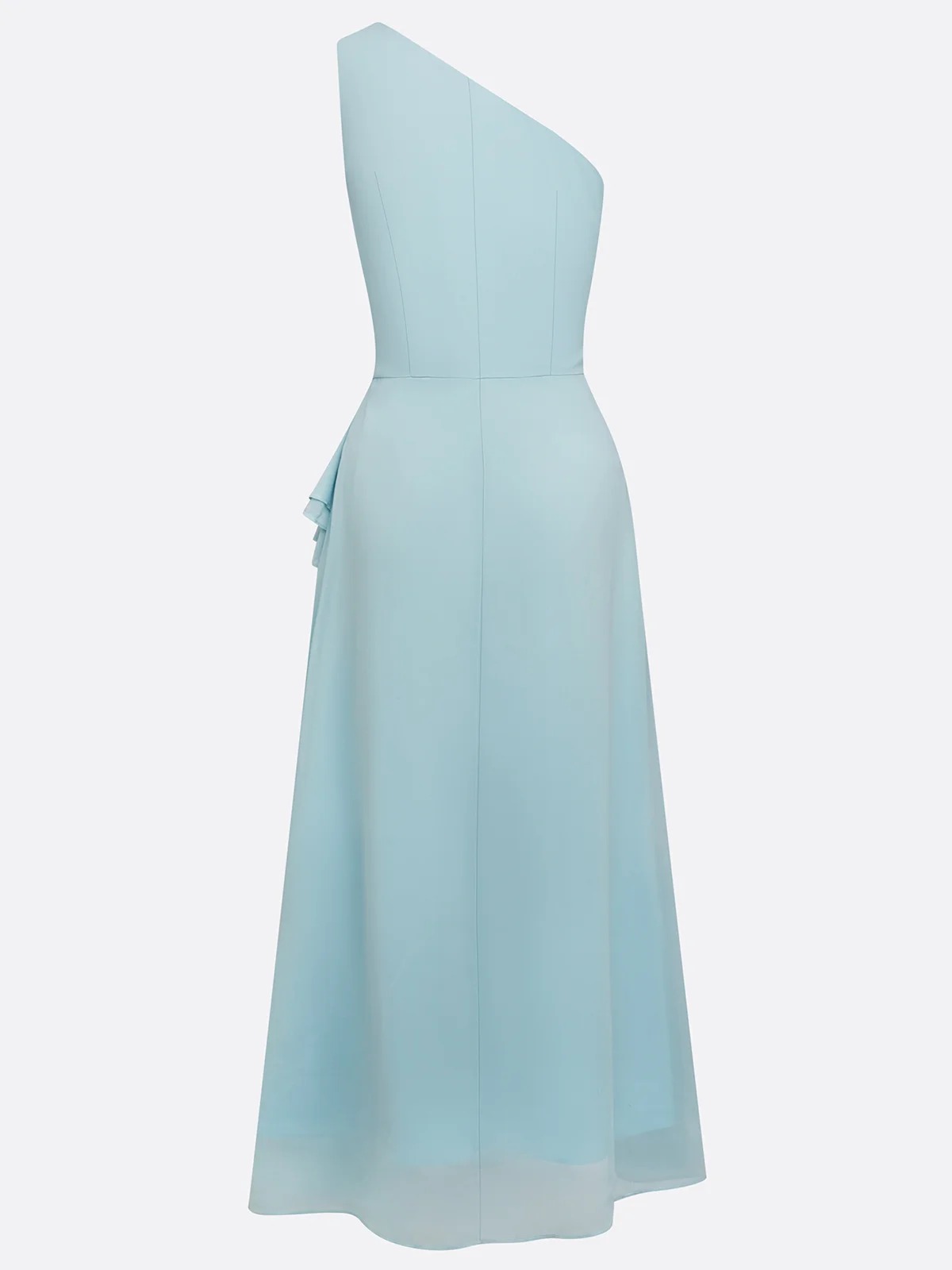 Light Blue Ruffled Ruched Chiffon One Shoulder Sleeveless A-Line Maxi Dress