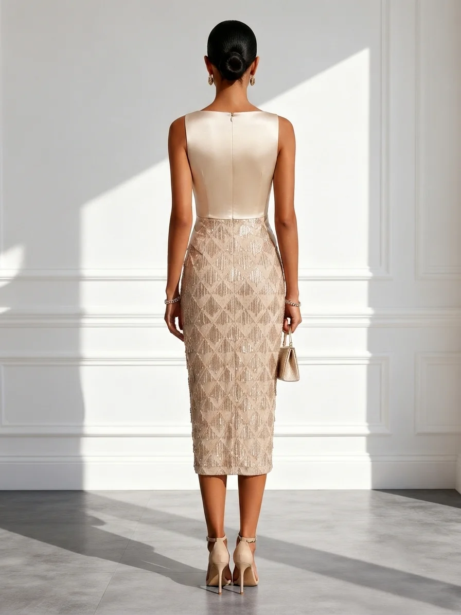 Champagne Tassel Sequin Boat Neck Sleeveless Sheath Midi Dress