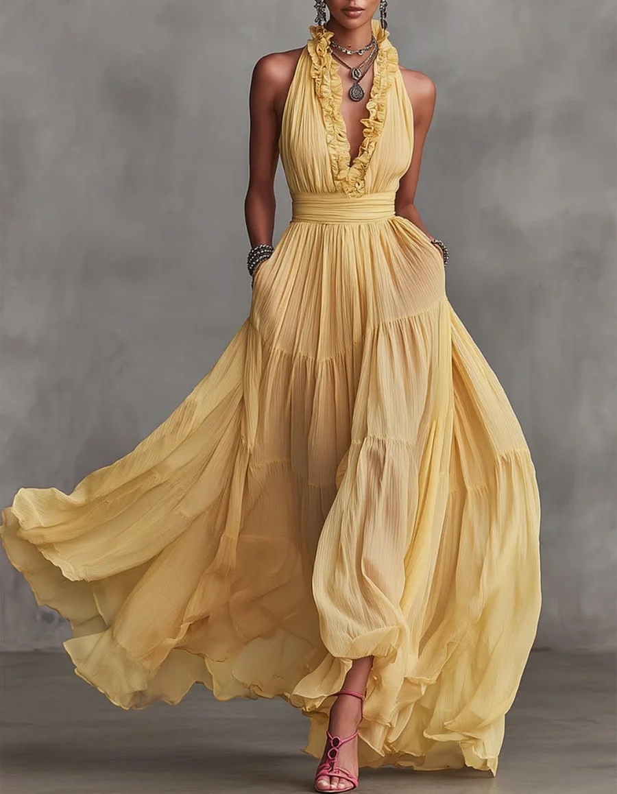 Chiffon V-neck Halter Neck Ruffled Trim Cinched Waist Maxi Dress