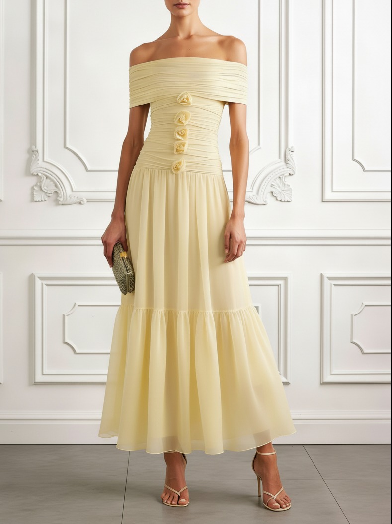 Yellow 3D Floral Chiffon Off The Shoulder Sleeveless A-Line Maxi Dress