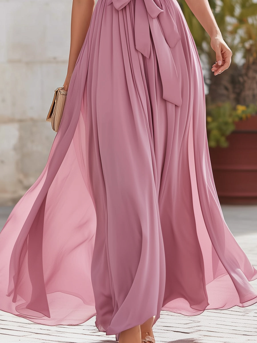 Pink Halter V-Neck Tie-Waist Flowing Maxi Dress