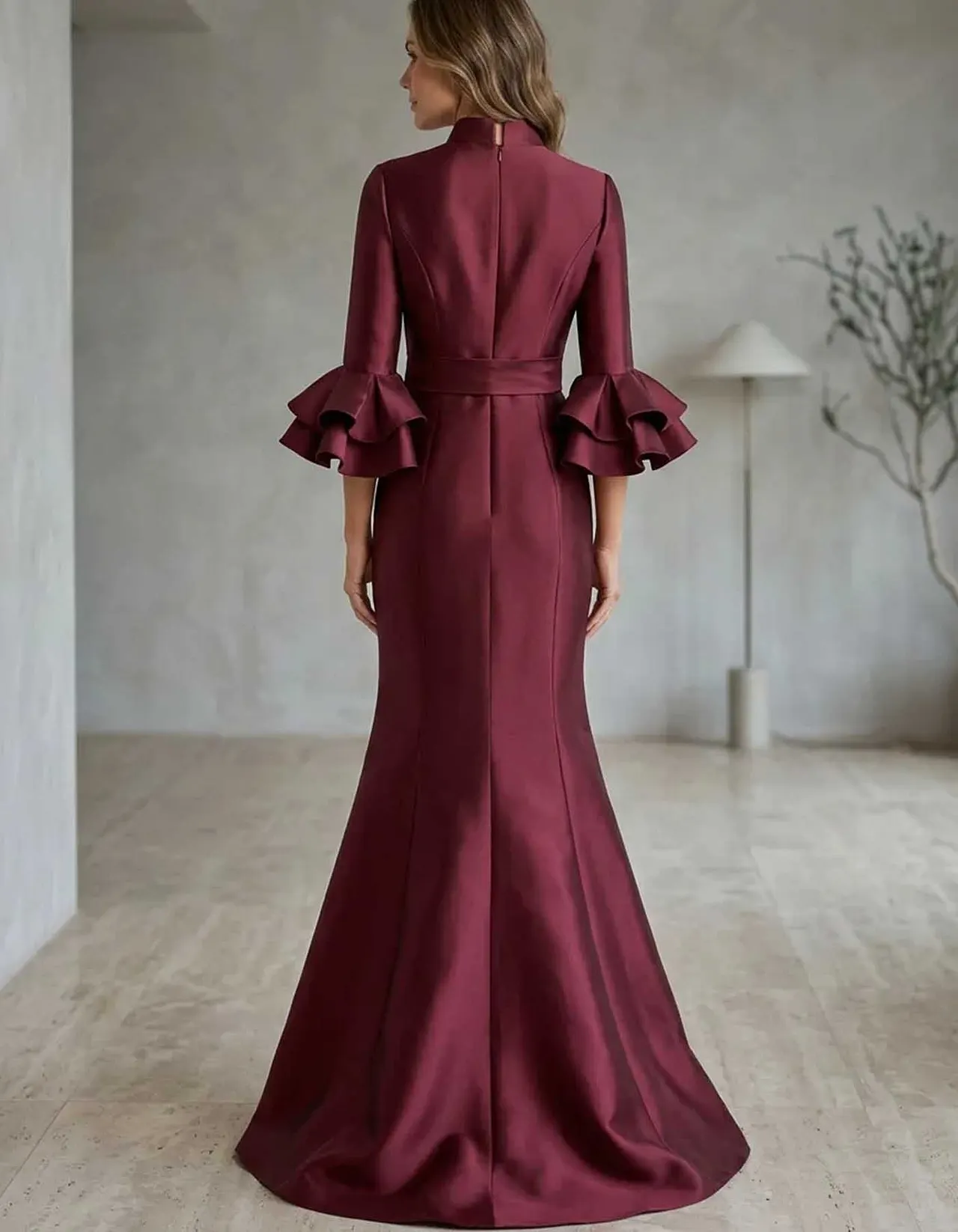 Satin V-Neck Ruffled Bell Sleeve Wrap Maxi Dress
