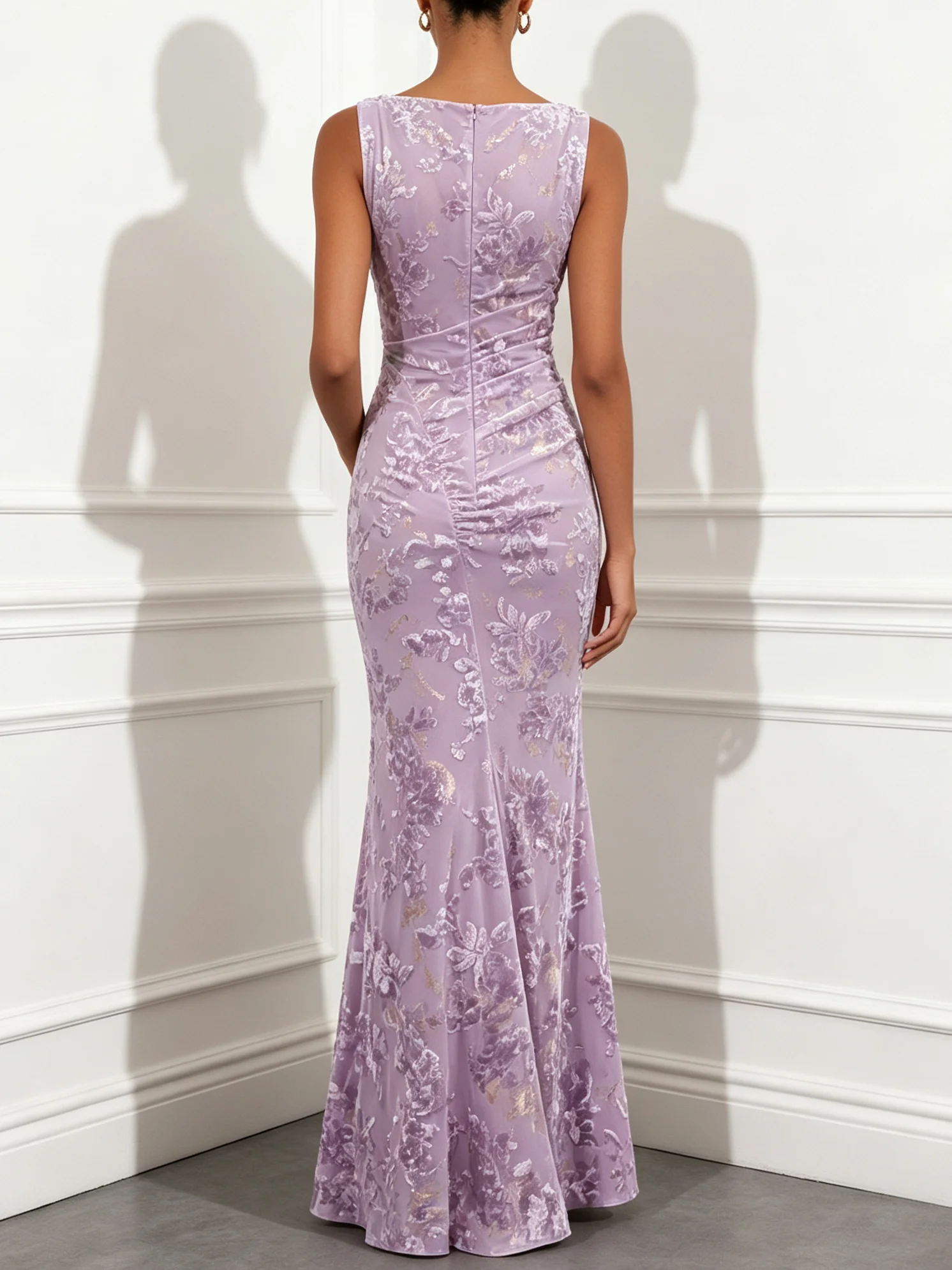 Light Purple Ruched Jacquard Knit Boat Neck Sleeveless Mermaid Floor-length Gown Dress
